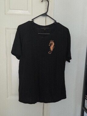 Burning Torch Black Tee with Gold Seahorse Embroidery Medium